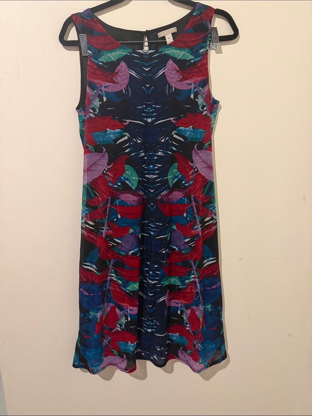 Dana Buchman Navy Sleeveless Mini Dress with Multicolor Leaf Print Size Medium